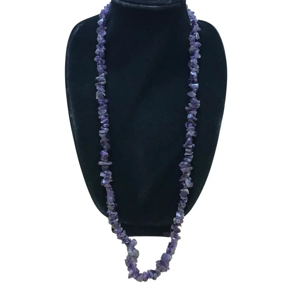 Vintage Amethyst Chip Nugget Bead Necklace Purple Infinity 148g 36” Handmade